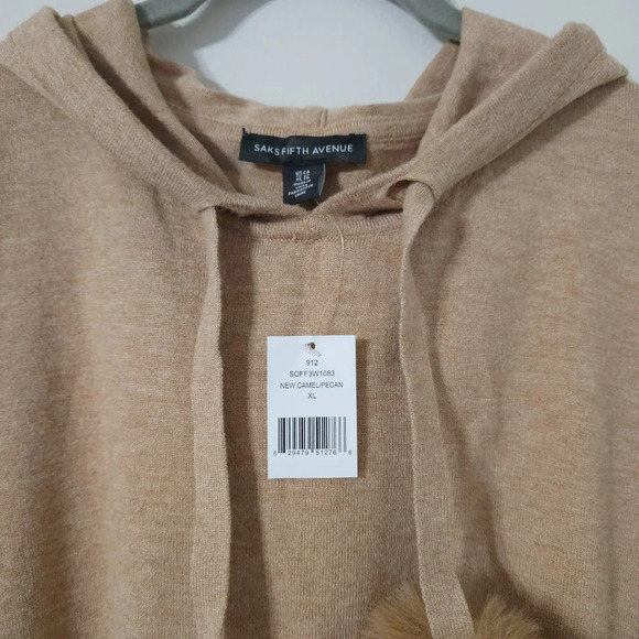SAKS FITH AVENUE Nwt Drop Shoulder Faux Fur Trim Hoodie, Heather Camel Brown, XL - Picture 5 of 11